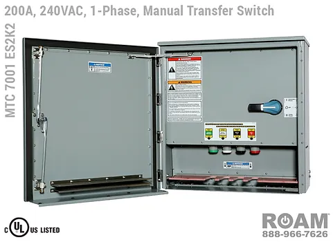 MTC 7001 ES2K2 - Manual Transfer Switch Panel with Cam-Locks - 200A/240VAC - Single-Phase - MTS - Tap Box - Docking Station - Generator Interface Panel - Connection Panel - 240v (120v, 208v, 230v, & 240v) - E1016 (J-Series/16-Series) - Male Cam-Lock - Cam-Lok Connectors, MTC7001ES2K2 - UL/cUL 1008 Listed