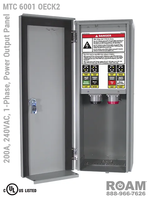 MTC 6001 OECK2 - 200A/240VAC - 1-Phase - Power Output Panel - Connection Panel - Tap Box - Docking Station - Compact - Front View - Door Open - Single-Phase Power Output Interface Box - 120VAC, 208VAC, 230VAC, & 240VAC - 240v (120v, 208v, 230v, & 240v) - 200 Amp - Door Open - Showing E1016 (J-Series/16-Series) Female Cam-Lok Connectors - Cam-Lock Power Output Panel - MTC6001OECK2 - UL/cUL Listed