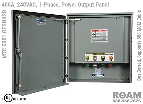 MTC 6001 OESHK2B - 400A/240VAC - 1-Phase - Power Output Panel - Connection Panel - Tap Box - Docking Station - Bus Barred - Up to 600MCM Cable - Front View - Door Open - Single-Phase - Power Output Interface Box - 120VAC, 208VAC, 230VAC, & 240VAC - 240v (120v, 208v, 230v, & 240v) - 400A - Door Open - Showing E1016 (J-Series/16-Series) Female Cam-Lok Connectors - Cam-Lock - MTC6001OESHK2B - UL/cUL Listed