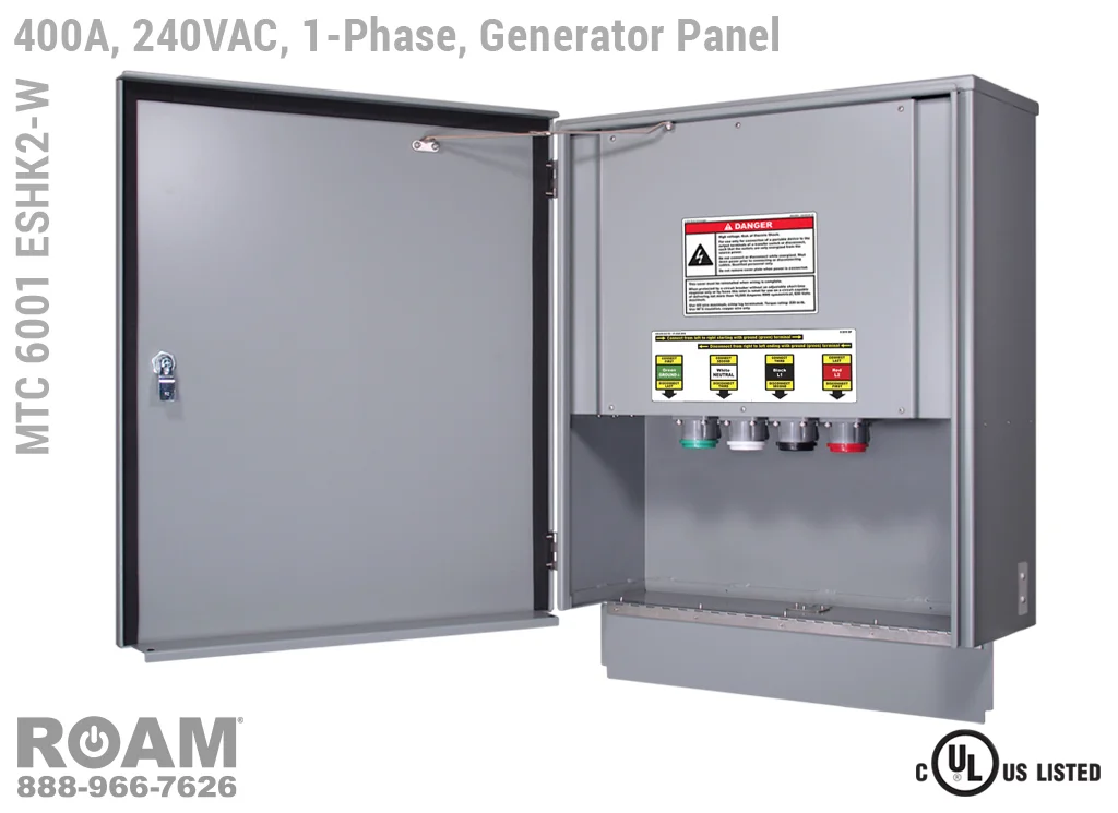 MTC 6001 ESHK2-W - 400A/240VAC - 1-Phase - Generator Interface Panel - Connection Panel - Tap Box - Docking Station - Front View - Door Open - Wide Form Factor - Single-Phase - Generator Interface Box - 120VAC, 208VAC, 230VAC, & 240VAC - 240v (120v, 208v, 230v, & 240v) - 400 Amp - Door Open - Wide Form Factor - Showing E1016 (J-Series/16-Series) Male Cam-Lok Connectors - Cam-Lock Generator Connector Panel - MTC6001ESHK2-W - UL/cUL Listed