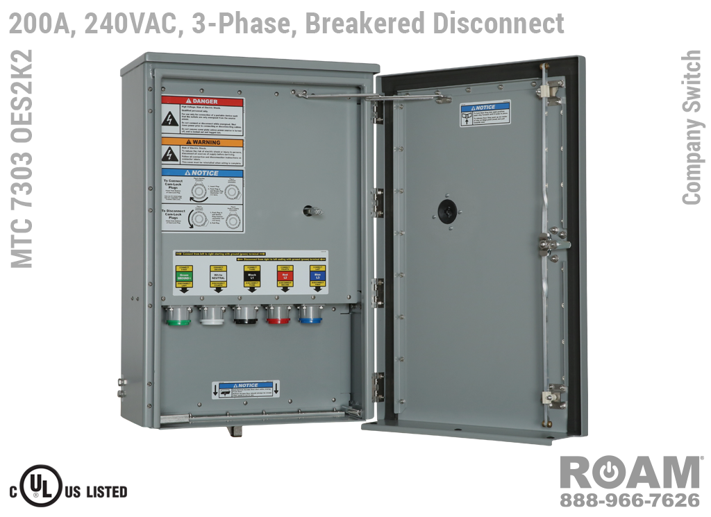 Company Switch - MTC 7303 OES2K2 - MTC7303OES2K2 - Up to 200A/Up to 240VAC - Three-Phase - 3-Phase - Outside Handle - Interlocking Disconnect - Breakered Disconnect Panel - Breakered Tap Box - Breakered Outlet Panel - Breakered Power Output Panel - 120VAC, 208VAC, 230VAC, & 240VAC - 240v (120v, 208v, 230v, & 240v) - E1016 (J-Series/16-Series) Female Cam-Lock Connectors - Cam-Lok - UL Listed - cUL Listed - NEMA 3R - Door Open View 
