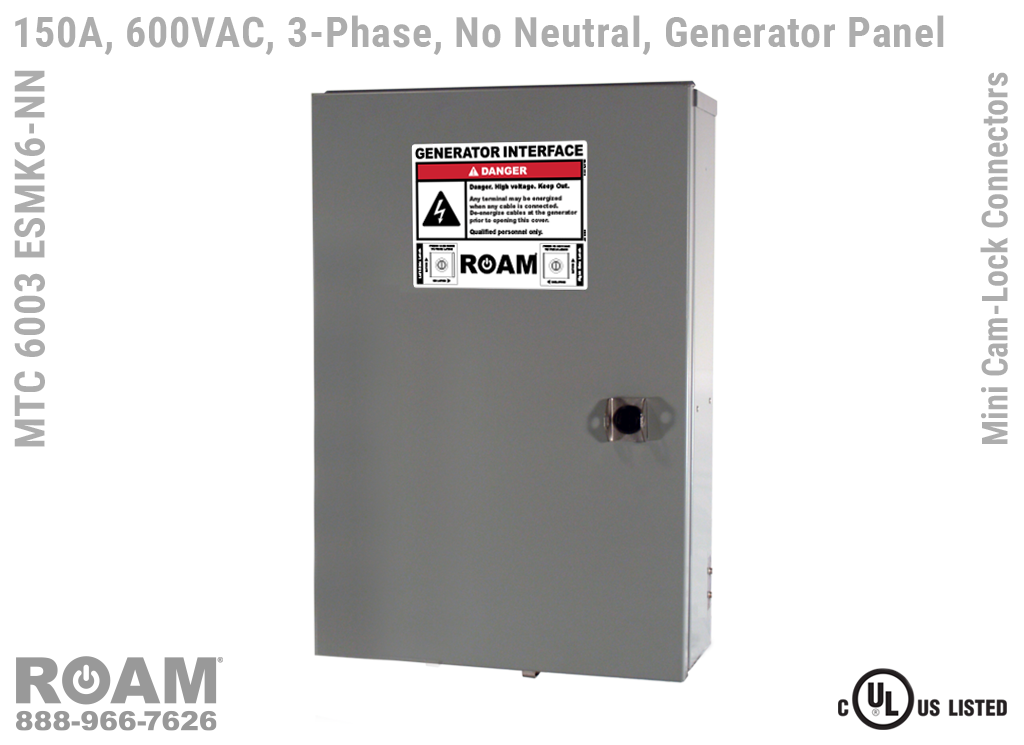 MTC 6003 ESMK6-NN - 150A/600VAC - 3-Phase - Generator Interface Panel - Connection Panel - Tap Box - Docking Station - No Neutral - Mini Cam-Lock Front View - Closed - Three-Phase - Generator Interface Box - 575VAC, 577VAC, & 600VAC - 600v (575v, 577v, & 600v) - Door Closed - Showing 15-Series Male Mini Cam-Lock Connectors - MTC6003ESMK6B-NN