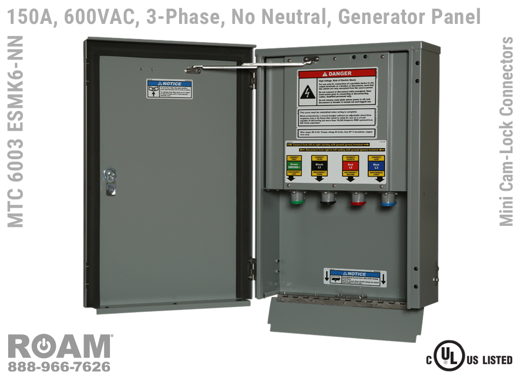 MTC 6003 ESMK6-NN - 150A/600VAC - 3-Phase - Generator Interface Panel - Connection Panel - Tap Box - Docking Station - No Neutral - Mini Cam-Lock Front View - Open - Three-Phase - Generator Interface Box - 575VAC, 577VAC, & 600VAC - 600v (575v, 577v, & 600v) - Door Open - Showing 15-Series Male Mini Cam-Lock Connectors - MTC6003ESMK6B-NN