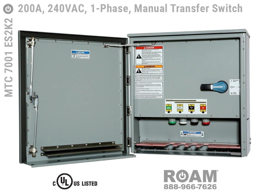 MTC 7001 ES2K2 - Manual Transfer Switch Panel with Cam-Locks - 200A/240VAC - Single-Phase - Tap Box - Docking Station - Generator Interface Panel - Connection Panel - 240v (120v, 208v, 230v, & 240v) - E1016 (J-Series/16-Series) - Male Cam-Lock - Cam-Lok Connectors, MTC7001ES2K2 - UL/cUL 1008 Listed