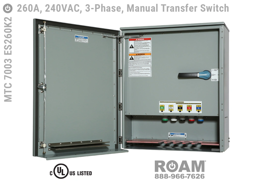 MTC 7003 ES260K2 - Manual Transfer Switch Panel with Cam-Locks - 260A/240VAC - Three-Phase - Tap Box - Docking Station - Generator Interface Panel - Connection Panel - 240v (120v, 208v, 230v, & 240v) - E1016 (J-Series/16-Series) - Male Cam-Lock - Cam-Lok Connectors, MTC7003ES260K2 - UL/cUL 1008 Listed