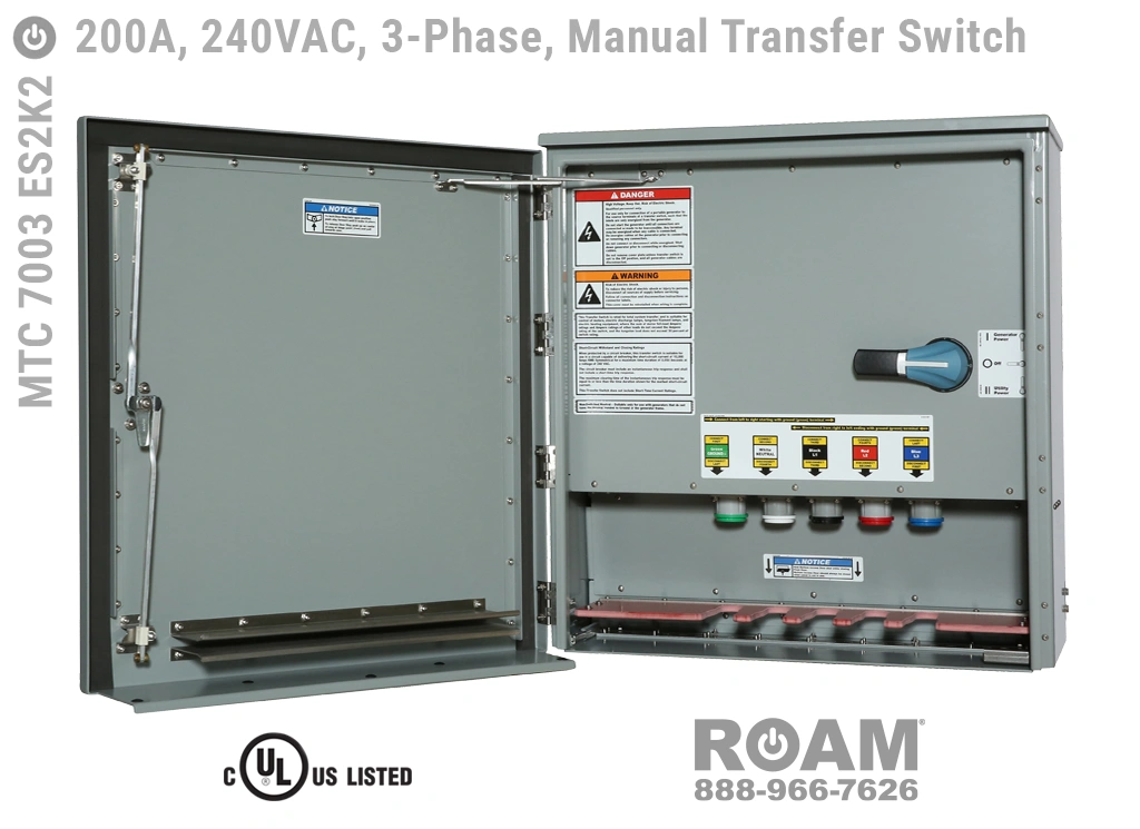 MTC 7003 ES2K2 - Manual Transfer Switch Panel with Cam-Locks - 200A/240VAC - Three-Phase - Tap Box - Docking Station - Generator Interface Panel - Connection Panel - 240v (120v, 208v, 230v, & 240v) - E1016 (J-Series/16-Series) - Male Cam-Lock - Cam-Lok Connectors, MTC7003ES2K2 - UL/cUL 1008 Listed