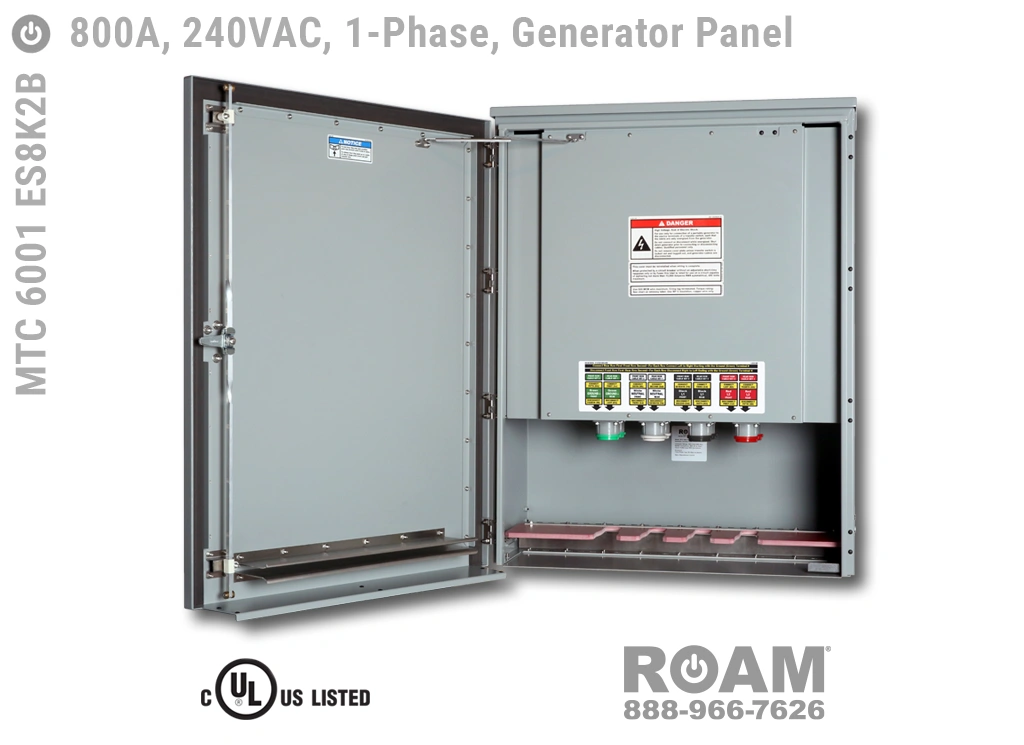 Roam MTC 6001 ES8K2B - Generator Interface Panel - Single-Phase - Door Open - Supports Up to to 800A - 800 Amps - Supports Up to 600MCM Cable - Bus-Barred - Supports 120VAC, 208VAC, 230VAC, & 240VAC - 240v (120v, 208v, 230v, & 240v) - E1016 (J-Series/16-Series) Male Cam-Lok Connectors - MTC6001ES8K2B - Cam-Lock - Gen Box - Tap Box - Docking Station - Connection Panel - Connector Panel - 1-Phase - UL/cUL Listed