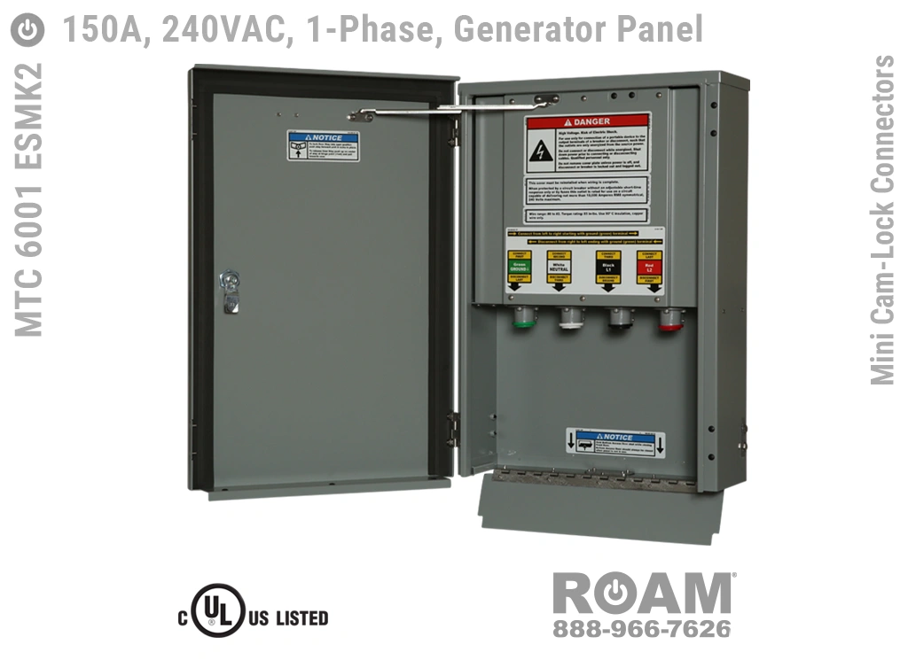 MTC 6001 ESMK2 - 150A/240VAC - 1-Phase - Generator Interface Panel - Connection Panel - Tap Box - Docking Station - Mini Cam-Lock Front View - Open - Single-Phase - Generator Interface Box - 120VAC, 208VAC, 230VAC, & 240VAC - 240v (120v, 208v, 230v, & 240v) - Door Open - Showing 15-Series Male Mini Cam-Lock Connectors - MTC6001ESMK2