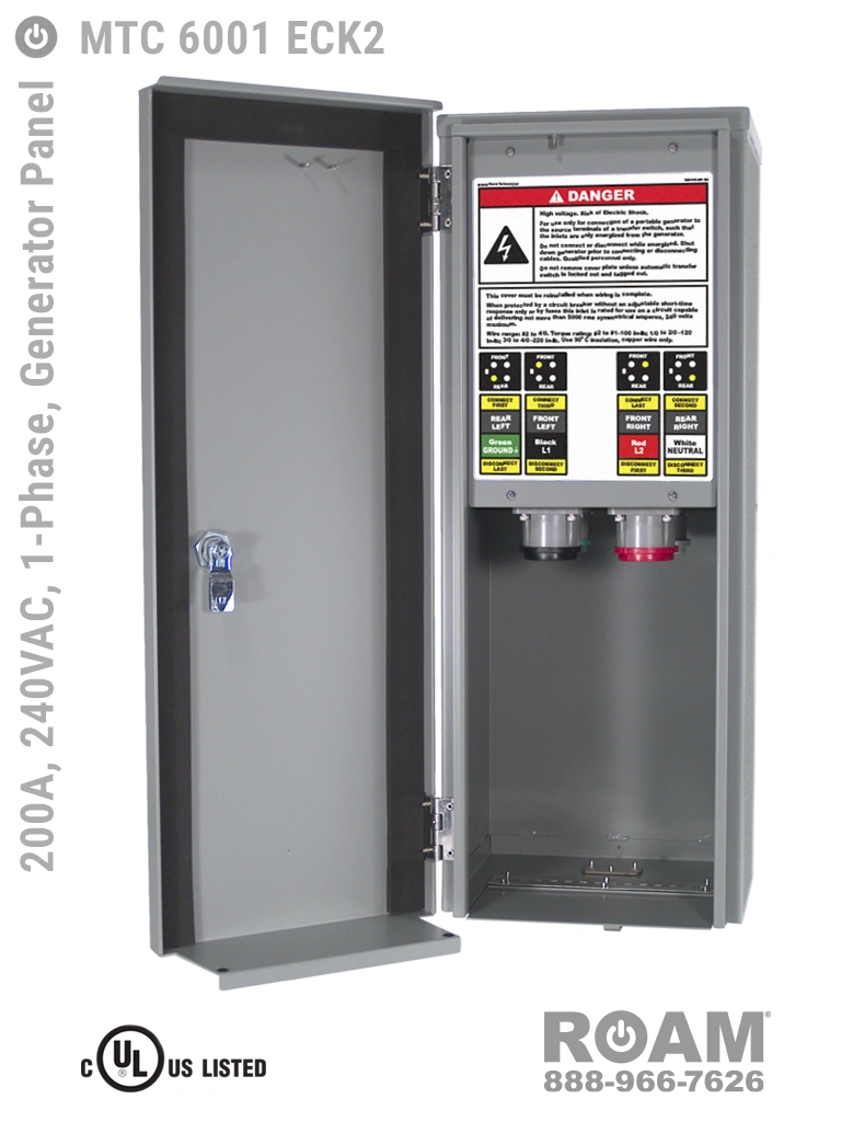 MTC 6001 ECK2 - 200A/240VAC - 1-Phase - Generator Interface Panel - Connection Panel - Tap Box - Docking Station - Compact - Front View - Door Open - Single-Phase Generator Interface Box - 120VAC, 208VAC, 230VAC, & 240VAC - 240v (120v, 208v, 230v, & 240v) - 200 Amp - Door Open - Showing E1016 (J-Series/16-Series) Male Cam-Lok Connectors - Cam-Lock Generator Connector Panel - MTC6001ECK2 - UL/cUL Listed