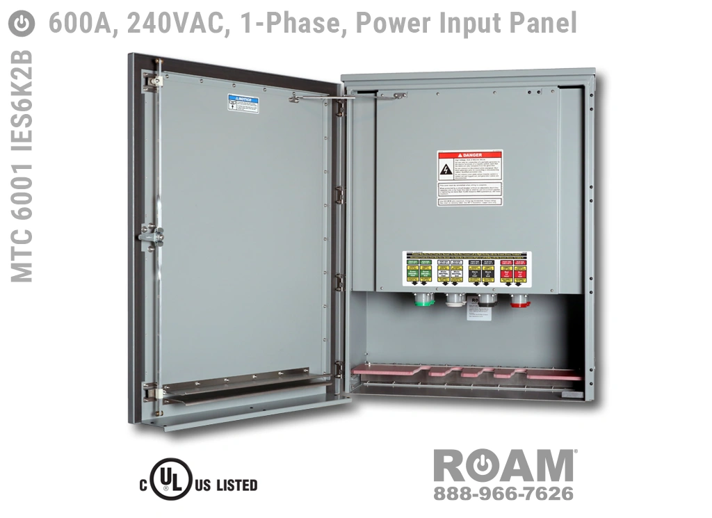 Roam MTC 6001 IES6K2B - Power Input Panel - Single-Phase - Door Open - Supports Up to to 600A - 600 Amps - Supports Up to 600MCM Cable - Bus-Barred - Supports 120VAC, 208VAC, 230VAC, & 240VAC - 240v (120v, 208v, 230v, & 240v) - E1016 (J-Series/16-Series) Male Cam-Lok Connectors - MTC6001IES6K2B - Cam-Lock - Tap Box - Docking Station - Connection Panel - Connector Panel - 1-Phase - UL/cUL Listed