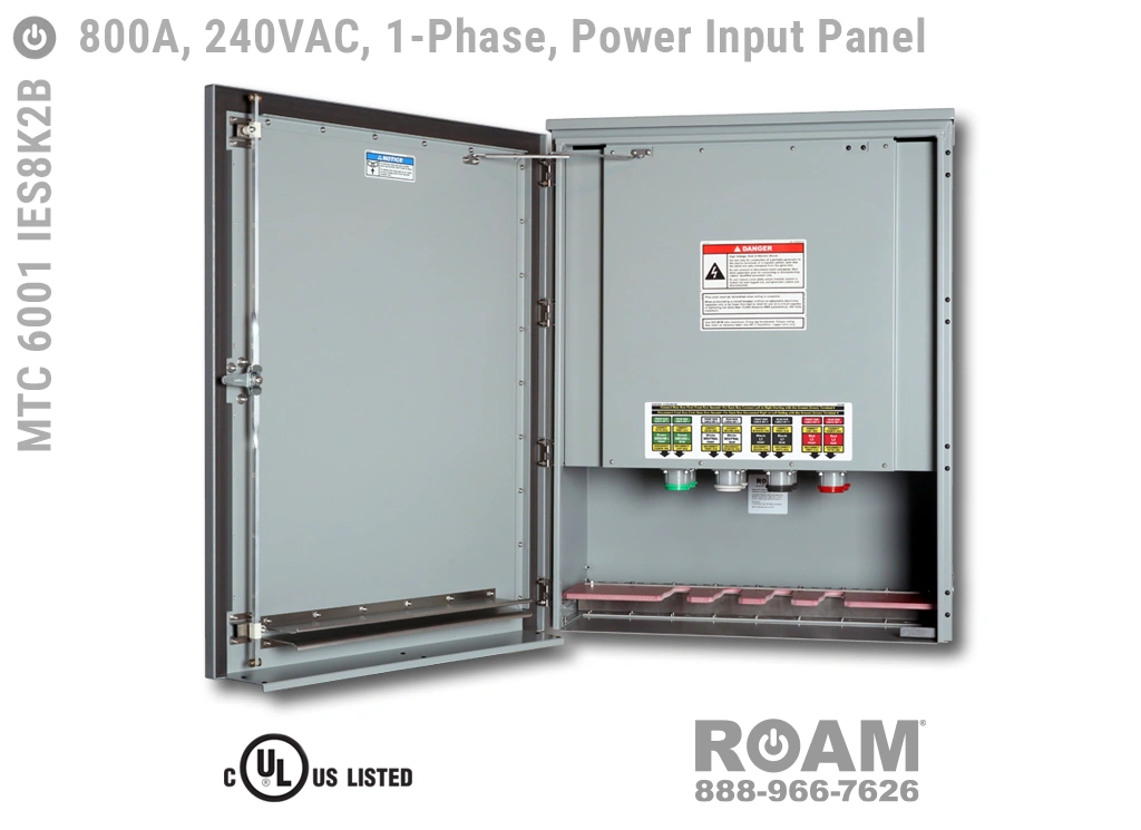 Roam MTC 6001 IES8K2B - Power Input Panel - Single-Phase - Door Open - Supports Up to to 800A - 800 Amps - Supports Up to 600MCM Cable - Bus-Barred - Supports 120VAC, 208VAC, 230VAC, & 240VAC - 240v (120v, 208v, 230v, & 240v) - E1016 (J-Series/16-Series) Male Cam-Lok Connectors - MTC6001IES8K2B - Cam-Lock - Tap Box - Docking Station - Connection Panel - Connector Panel - 1-Phase - UL/cUL Listed