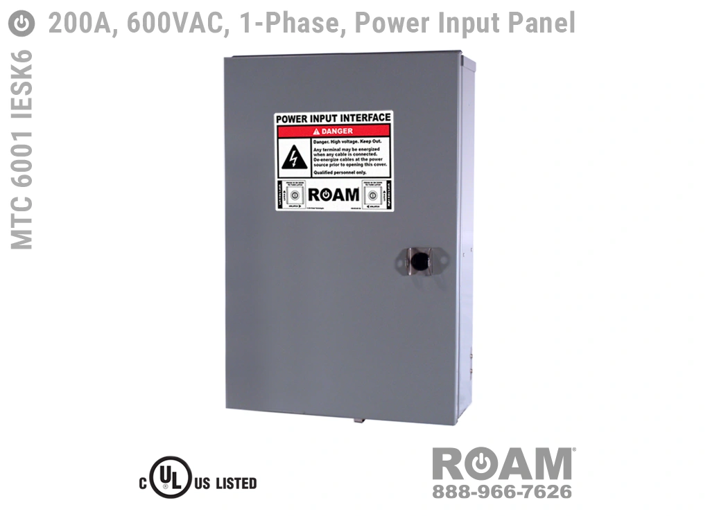 MTC 6001 IESK6 - 200A/600VAC - 1-Phase - Power Input Panel - Connection Panel - Tap Box - Docking Station - Front View - Door Closed - Single-Phase - Power Input Interface Box - 575VAC, 577VAC, & 600VAC - 600v (575v, 577v, & 600v) - 200 Amp - Door Closed - Showing E1016 (J-Series/16-Series) Male Cam-Lok Connectors - Cam-Lock Power Input Panel - MTC6001IESK6 - UL/cUL Listed