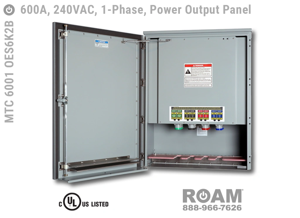 Roam MTC 6001 OES6K2B - Power Output Panel - Single-Phase - Door Open - Supports Up to to 600A - 600 Amps - Supports Up to 600MCM Cable - Bus-Barred - Supports 120VAC, 208VAC, 230VAC, & 240VAC - 240v (120v, 208v, 230v, & 240v) - E1016 (J-Series/16-Series) Female Cam-Lok Connectors - MTC6001OES6K2B - Cam-Lock - Tap Box - Docking Station - Connection Panel - Connector Panel - 1-Phase - UL/cUL Listed