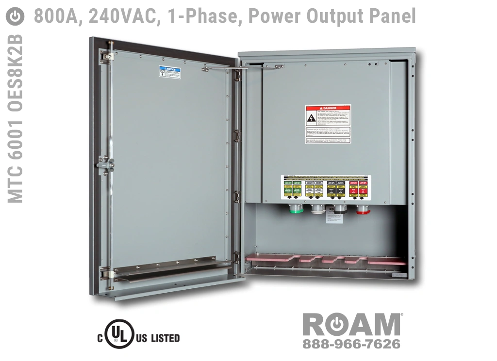 Roam MTC 6001 OES8K2B - Power Output Panel - Single-Phase - Door Open - Supports Up to to 800A - 800 Amps - Supports Up to 600MCM Cable - Bus-Barred - Supports 120VAC, 208VAC, 230VAC, & 240VAC - 240v (120v, 208v, 230v, & 240v) - E1016 (J-Series/16-Series) Female Cam-Lok Connectors - MTC6001OES8K2B - Cam-Lock - Tap Box - Docking Station - Connection Panel - Connector Panel - 1-Phase - UL/cUL Listed