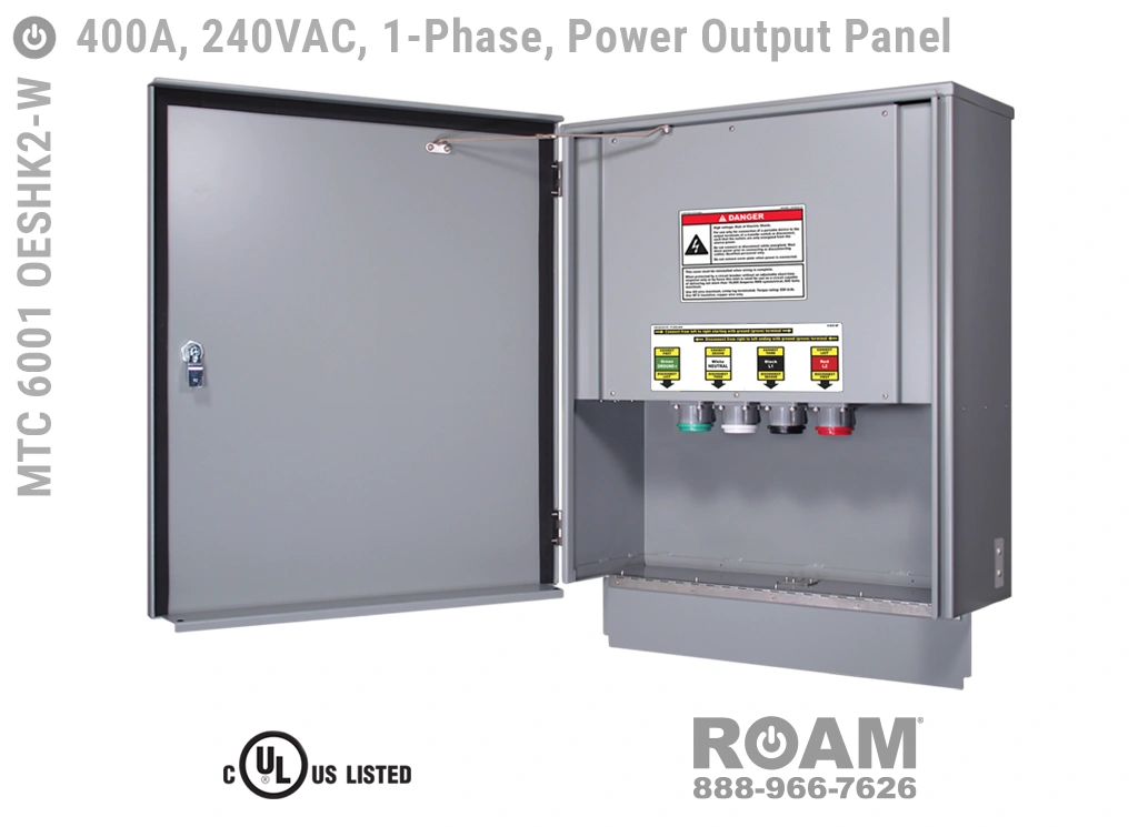 MTC 6001 OESHK2-W - 400A/240VAC - 1-Phase - Power Output Panel - Connection Panel - Tap Box - Docking Station - Front View - Door Open - Wide Form Factor - Single-Phase - Power Output Interface Box - 120VAC, 208VAC, 230VAC, & 240VAC - 240v (120v, 208v, 230v, & 240v) - 400 Amp - Door Open - Wide Form Factor - Showing E1016 (J-Series/16-Series) Female Cam-Lok Connectors - Cam-Lock Power Output Panel - MTC6001OESHK2-W - UL/cUL Listed