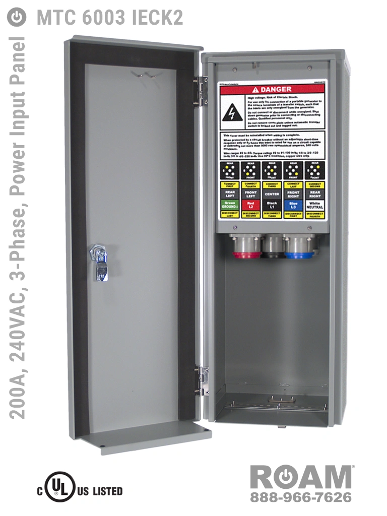 MTC 6003 IECK2 - 200A/240VAC - 3-Phase - Power Input Panel - Connection Panel - Tap Box - Docking Station - Compact - Front View - Door Open - Three-Phase Power Input Interface Box - 120VAC, 208VAC, 230VAC, & 240VAC - 240v (120v, 208v, 230v, & 240v) - 200 Amp - Door Open - Showing E1016 (J-Series/16-Series) Male Cam-Lok Connectors - Cam-Lock Power Input Panel - MTC 6003 IECK2 - UL/cUL Listed