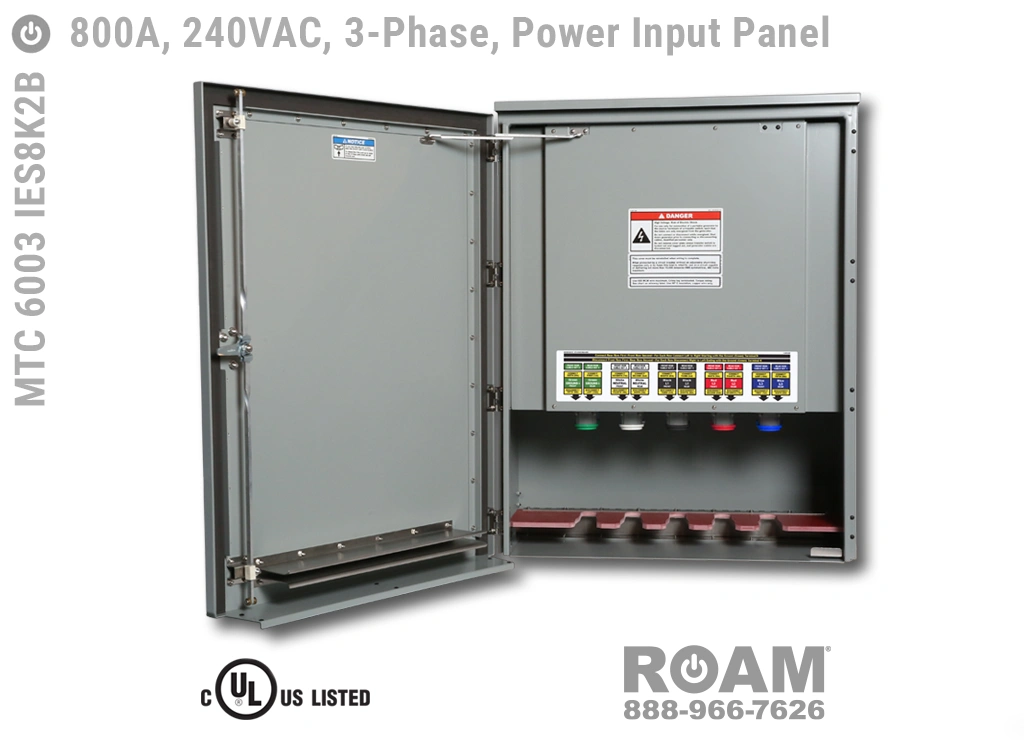 Roam MTC 6003 IES8K2B - Power Input Panel - Three-Phase - Door Open - Supports Up to to 800A - 800 Amps - Supports Up to 600MCM Cable - Bus-Barred - Supports 120VAC, 208VAC, 230VAC, & 240VAC - 240v (120v, 208v, 230v, & 240v) - E1016 (J-Series/16-Series) Male Cam-Lok Connectors - MTC6003IES8K2B - Cam-Lock - Tap Box - Docking Station - Connection Panel - Connector Panel - 3-Phase - UL/cUL Listed