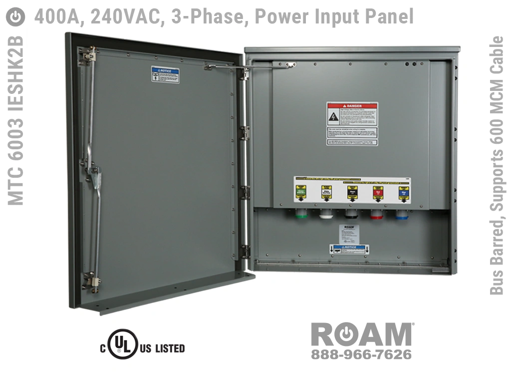 MTC 6003 IESHK4B-BOY - 400A/480VAC - 3-Phase - Power Input Panel - Connection Panel - Tap Box - Docking Station - Bus Barred - Up to 600MCM Cable - Front View - Door Open - Three-Phase - Power Input Interface Box - 277VAC, 330VAC, 440VAC, & 480VAC - 480v (277v, 330v, 440v, & 480v) - 400A - Door Open - Showing E1016 (J-Series/16-Series) Male Cam-Lok Connectors - Cam-Lock - MTC6003IESHK4B-BOY - UL/cUL Listed