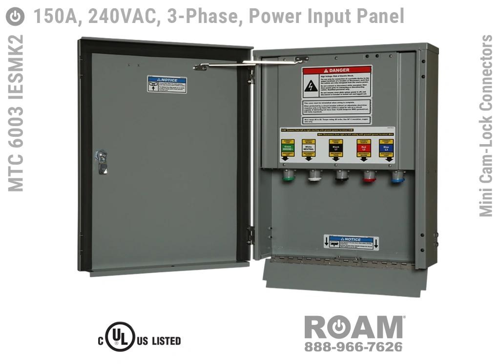 MTC 6003 IESMK2 - 150A/240VAC - 3-Phase - Power Input Panel - Connection Panel - Tap Box - Docking Station - Mini Cam-Lock Front View - Open - Three-Phase - Power Input Interface Box - 120VAC, 208VAC, 230VAC, & 240VAC - 240v (120v, 208v, 230v, & 240v) - Door Open - Showing 15-Series Male Mini Cam-Lock Connectors - MTC 6003 IESMK2