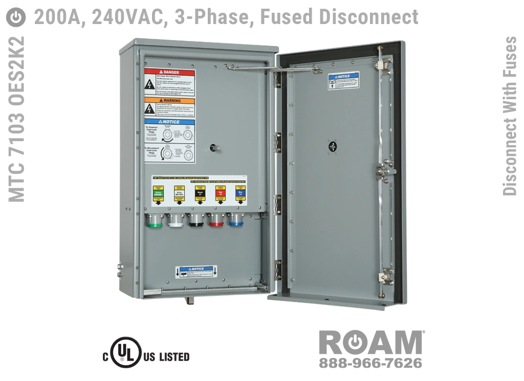 Switched Output Disconnect Panel with Fuses - MTC 7103 OES2K2 - MTC7103OES2K2 - Up to 200A/Up to 240VAC - Three-Phase - 3-Phase - Fused Tap Box - Fused Docking Station - Fused Outlet Panel - Fused Power Output Panel - 120VAC, 208VAC, 230VAC, & 240VAC - 240v (120v, 208v, 230v, & 240v) - E1016 (J-Series/16-Series) Female Cam-Lock Connectors - Cam-Lok - UL Listed - cUL Listed - NEMA 3R - Door Open View