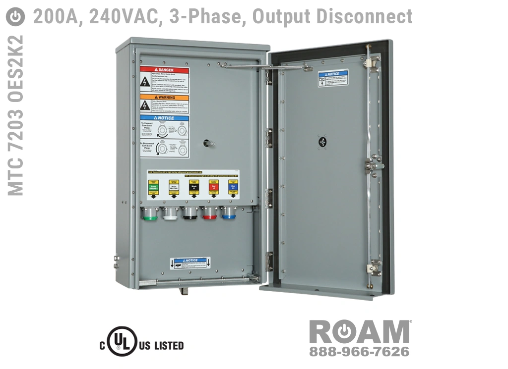Switched Output Disconnect Panel - MTC 7203 OES2K2 - MTC7203OES2K2 - Up to 200A/Up to 240VAC - Three-Phase - 3-Phase - Switched Tap Box - Switched Docking Station - Switched Outlet Panel - Switched Power Output Panel - 120VAC, 208VAC, 230VAC, & 240VAC - 240v (120v, 208v, 230v, & 240v) - E1016 (J-Series/16-Series) Female Cam-Lock Connectors - Cam-Lok - UL Listed - cUL Listed - NEMA 3R - Door Open View