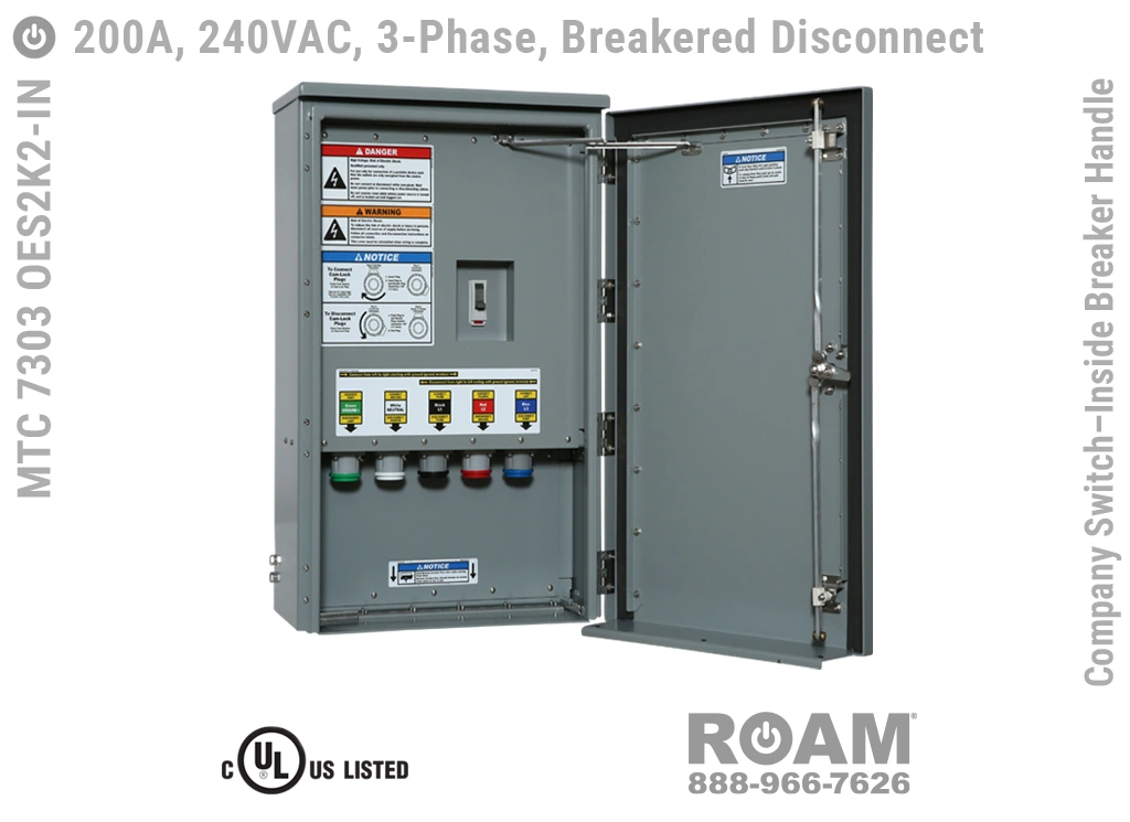 Company Switch - MTC 7303 OES2K2-IN - MTC7303OES2K2-IN - Up to 200A/Up to 240VAC - Three-Phase - 3-Phase - Outside Handle - Interlocking Disconnect - Breakered Disconnect Panel - Breakered Tap Box - Breakered Outlet Panel - Breakered Power Output Panel - 120VAC, 208VAC, 230VAC, & 240VAC - 240v (120v, 208v, 230v, & 240v) - E1016 (J-Series/16-Series) Female Cam-Lock Connectors - Cam-Lok - UL Listed - cUL Listed - NEMA 3R - Door Open View 