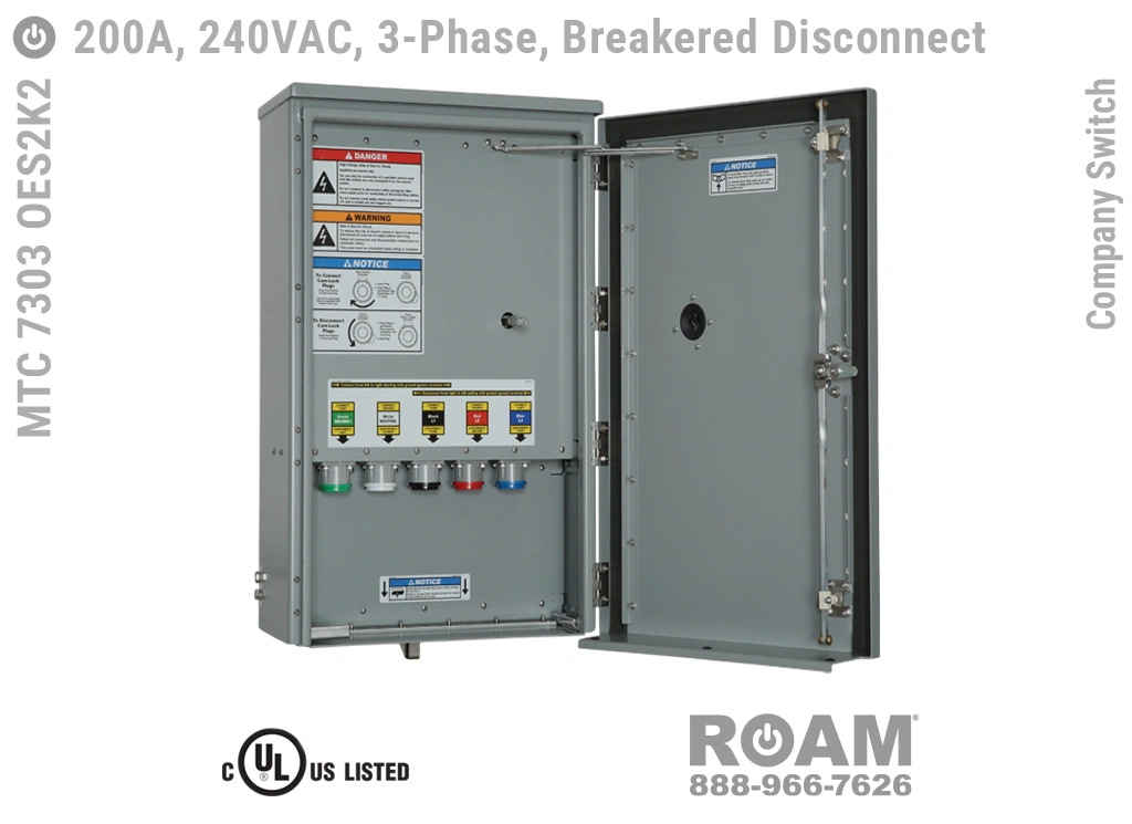 Company Switch - MTC 7303 OES2K2 - MTC7303OES2K2 - Up to 200A/Up to 240VAC - Three-Phase - 3-Phase - Outside Handle - Interlocking Disconnect - Breakered Disconnect Panel - Breakered Tap Box - Breakered Outlet Panel - Breakered Power Output Panel - 120VAC, 208VAC, 230VAC, & 240VAC - 240v (120v, 208v, 230v, & 240v) - E1016 (J-Series/16-Series) Female Cam-Lock Connectors - Cam-Lok - UL Listed - cUL Listed - NEMA 3R - Door Open View 