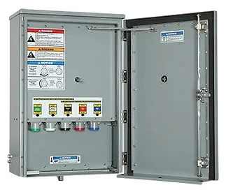 Company Switch - MTC 7303 OES4K2 - MTC7303OES4K2 - Up to 400A/Up to 240VAC - Three-Phase - 3-Phase - Outside Handle - Interlocking Disconnect - Breakered Output Disconnect Panel - Breakered Tap Box - Breakered Outlet Panel - Breakered Power Output Panel - 120VAC, 208VAC, 230VAC, & 240VAC - 240v (120v, 208v, 230v, & 240v) - E1016 (J-Series/16-Series) Female Cam-Lock Connectors - Cam-Lok - UL Listed - cUL Listed - NEMA 3R - Door Open View