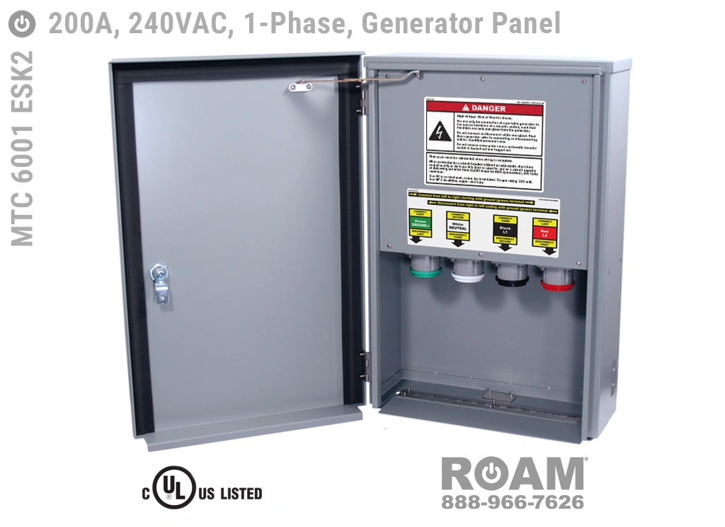 MTC 6001 ESK2 - 200A/240VAC - 1-Phase - Generator Interface Panel - Connection Panel - Tap Box - Docking Station - Front View - Door Open - Single-Phase - Generator Interface Box - 120VAC, 208VAC, 230VAC, & 240VAC - 240v (120v, 208v, 230v, & 240v) - 200 Amp - Door Open - Showing E1016 (J-Series/16-Series) Male Cam-Lok Connectors - Cam-Lock Generator Connector Panel - MTC6001ESK2 - UL/cUL Listed