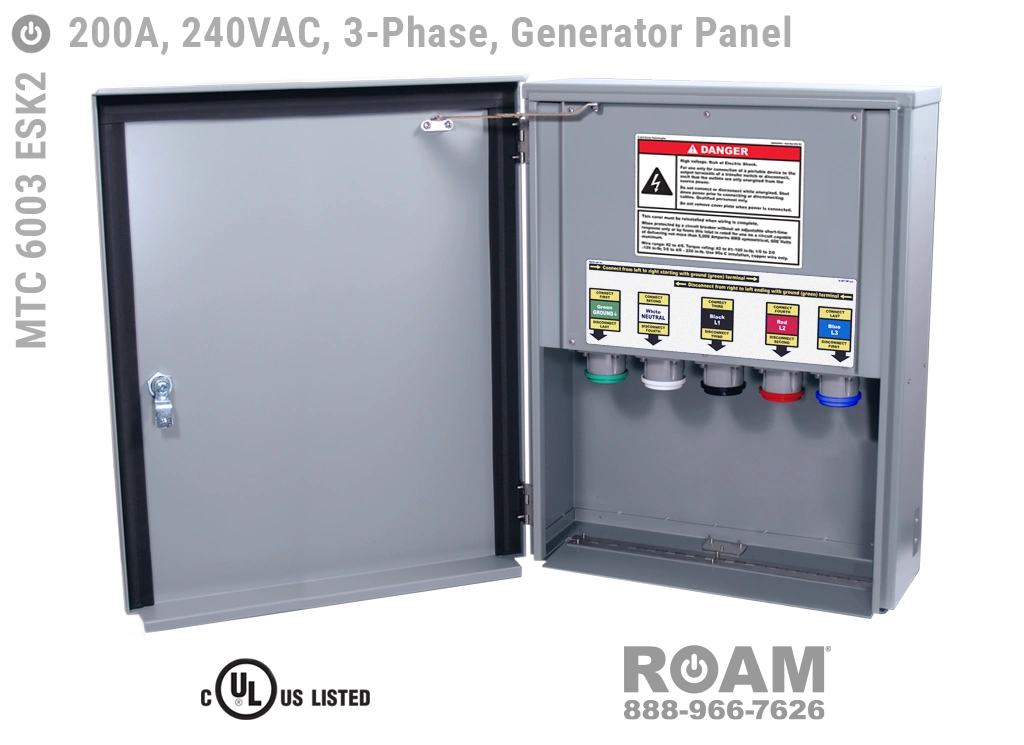MTC 6003 ESK2 - 200A/240VAC - 3-Phase - Generator Interface Panel - Connection Panel - Tap Box - Docking Station - Front View - Door Open - Three-Phase - Generator Interface Box - 120VAC, 208VAC, 230VAC, & 240VAC - 240v (120v, 208v, 230v, & 240v) - 200 Amp - Door Open - Showing E1016 (J-Series/16-Series) Male Cam-Lok Connectors - Cam-Lock Generator Connector Panel - MTC6003ESK2 - UL/cUL Listed