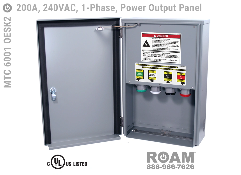 MTC 6003 OESK2 - 200A/240VAC - 3-Phase - Power Output Panel - Connection Panel - Tap Box - Docking Station - Front View - Door Open - Three-Phase - Power Output Interface Box - 120VAC, 208VAC, 230VAC, & 240VAC - 240v (120v, 208v, 230v, & 240v) - 200 Amp - Door Open - Showing E1016 (J-Series/16-Series) Female Cam-Lok Connectors - Cam-Lock Power Output Panel - MTC6003OESK2 - UL/cUL Listed